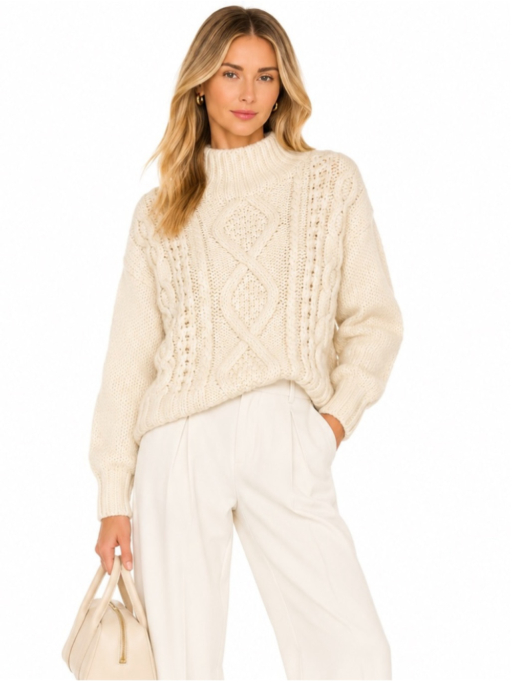 Cocogio Made in Italy Cream Cable Knit Wool Blend Mock Neck Sweater L
Descripti